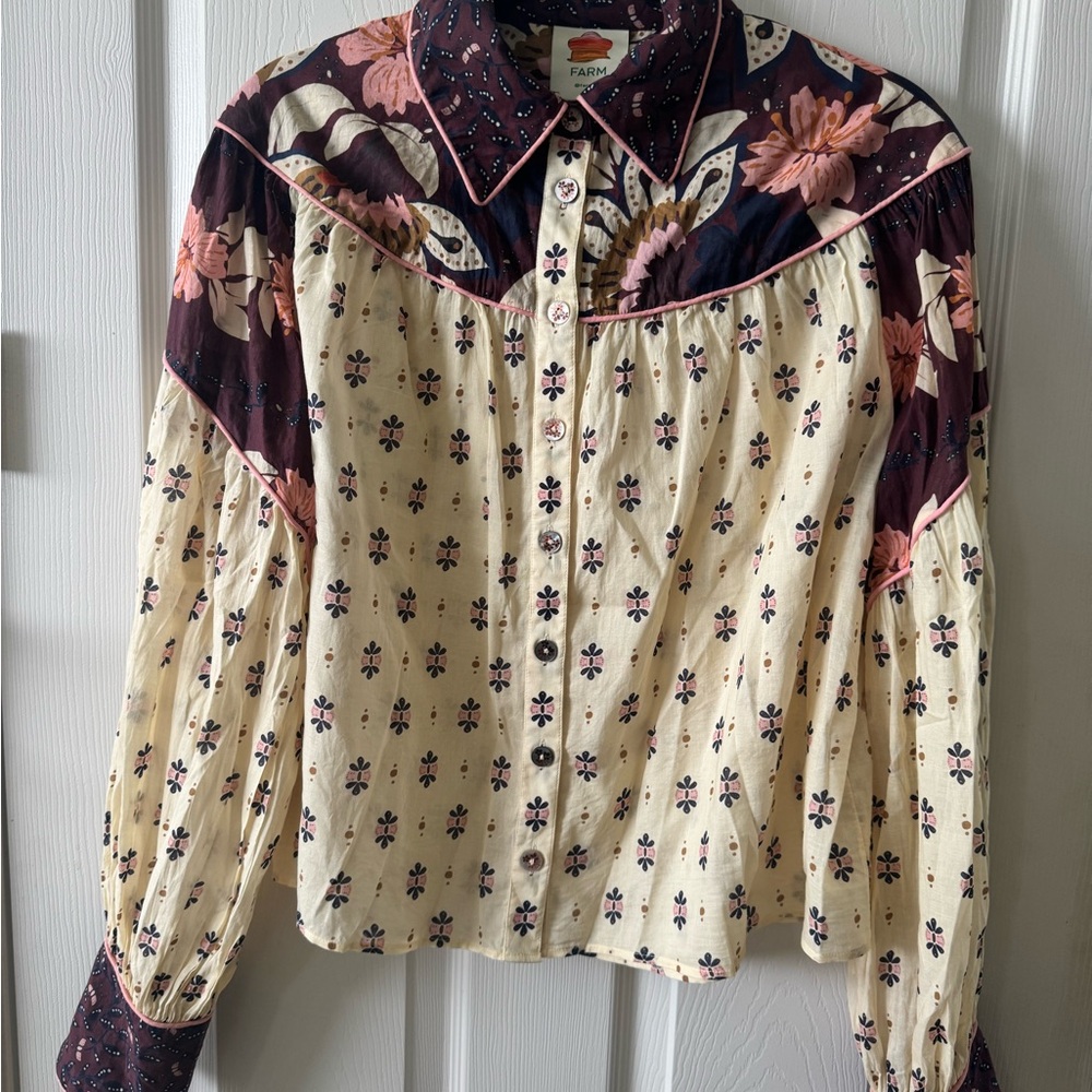 FARM Rio Cream Blouse with Burgundy Floral Yoke